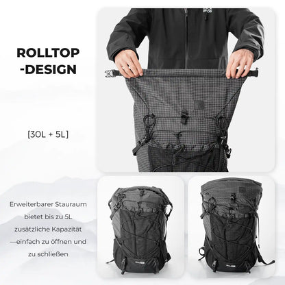 misty 30l backpack with roll top design, expandable to 35l