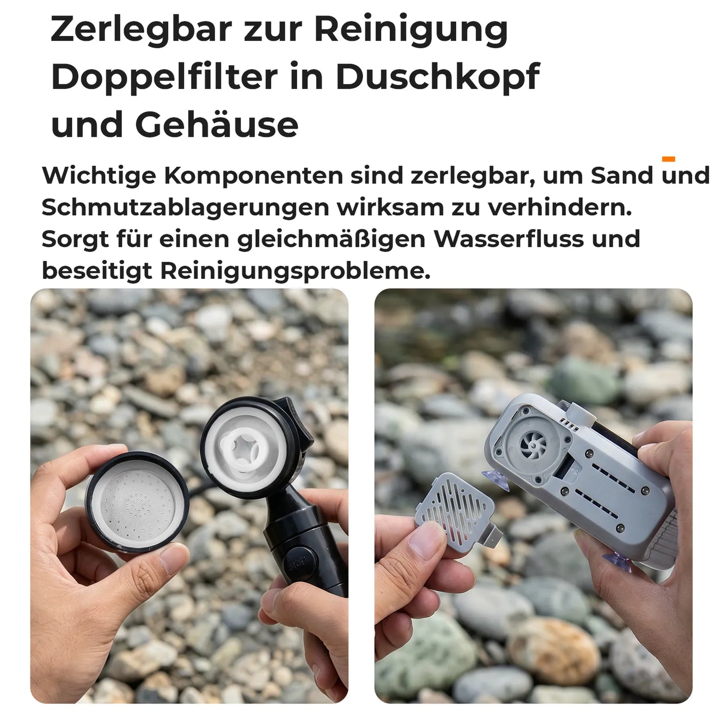 zerlegte filterelemente von duschkopf und pumpe zur einfachen säuberung