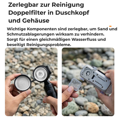 zerlegte filterelemente von duschkopf und pumpe zur einfachen säuberung
