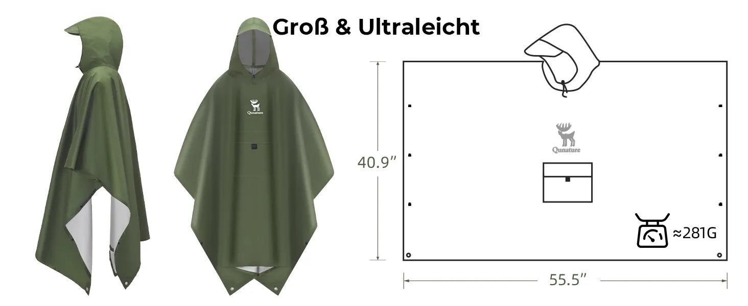 großer und ultraleichter regenponcho mit maßen