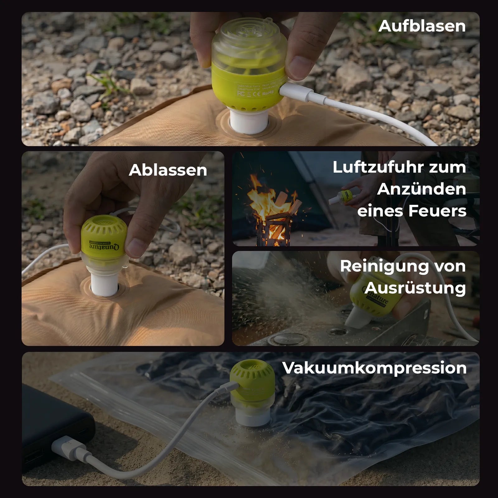 grüne mini-luftpumpe zeigt verschiedene funktionen: aufblasen, ablassen, feuer anzünden, reinigen und vakuumkompression