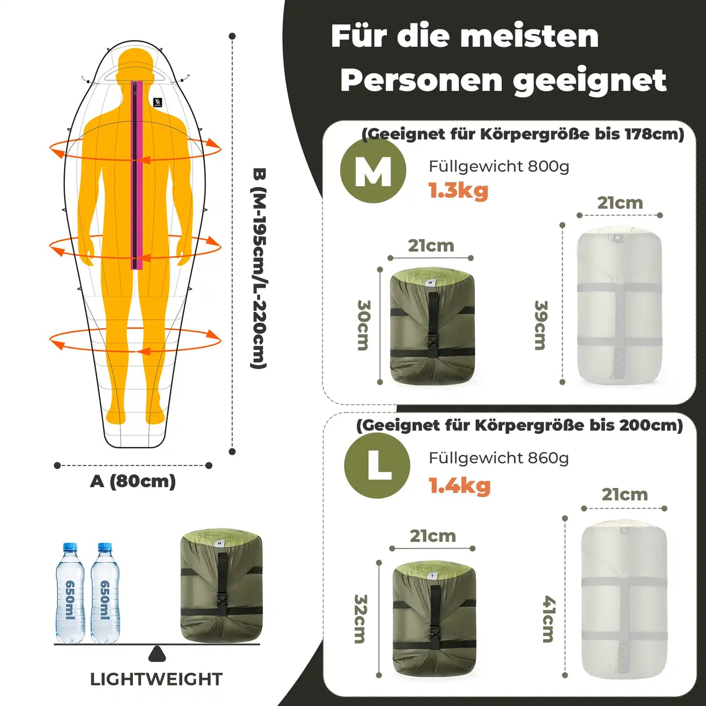 schlafsack in m und l groesse mit leichtem gewicht