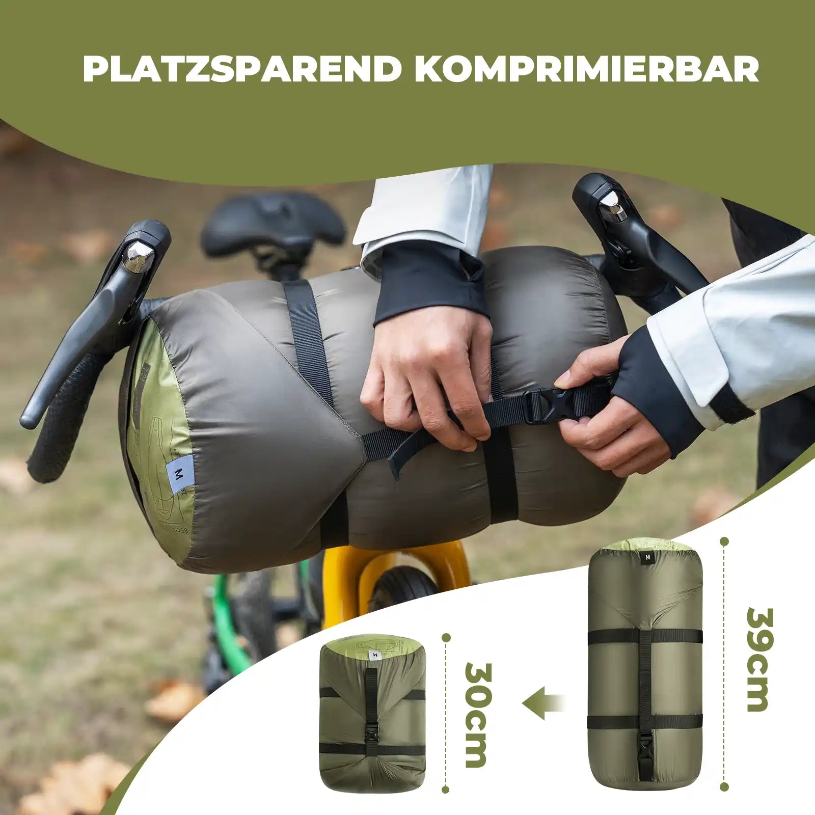 komprimierbarer mumienschlafsack am fahrradlenker befestigt