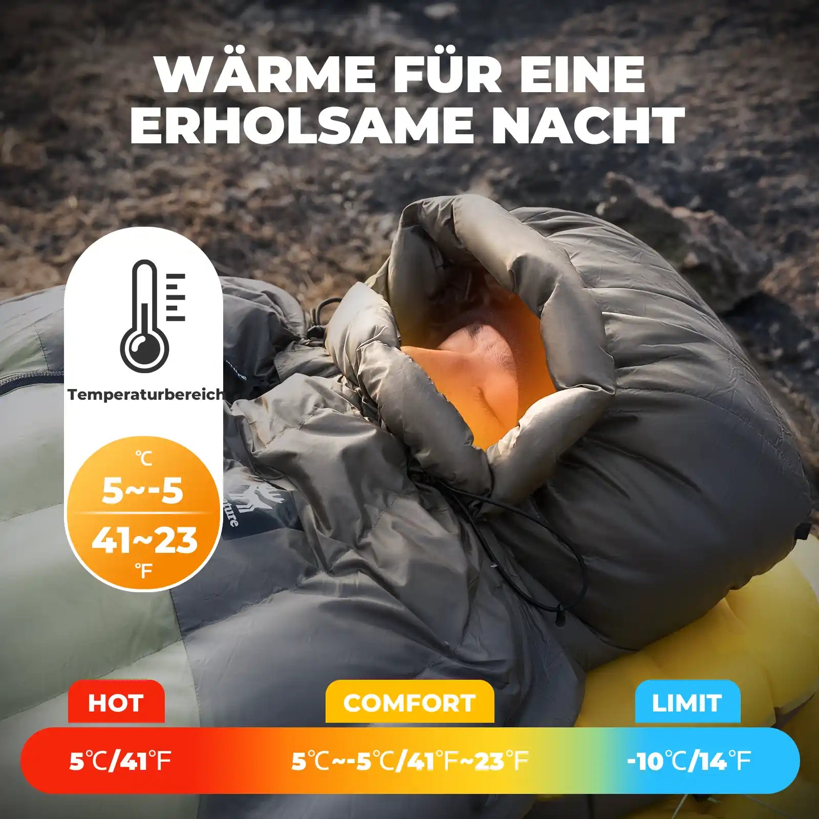 mumienschlafsack mit temperaturbereich von 5 bis minus 10 grad