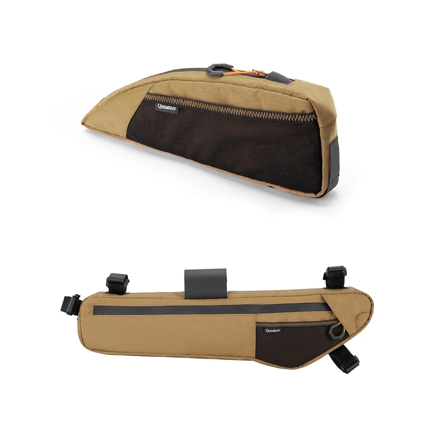 khaki farbene dreiecktasche mit außennetztasche für fahrradrahmen