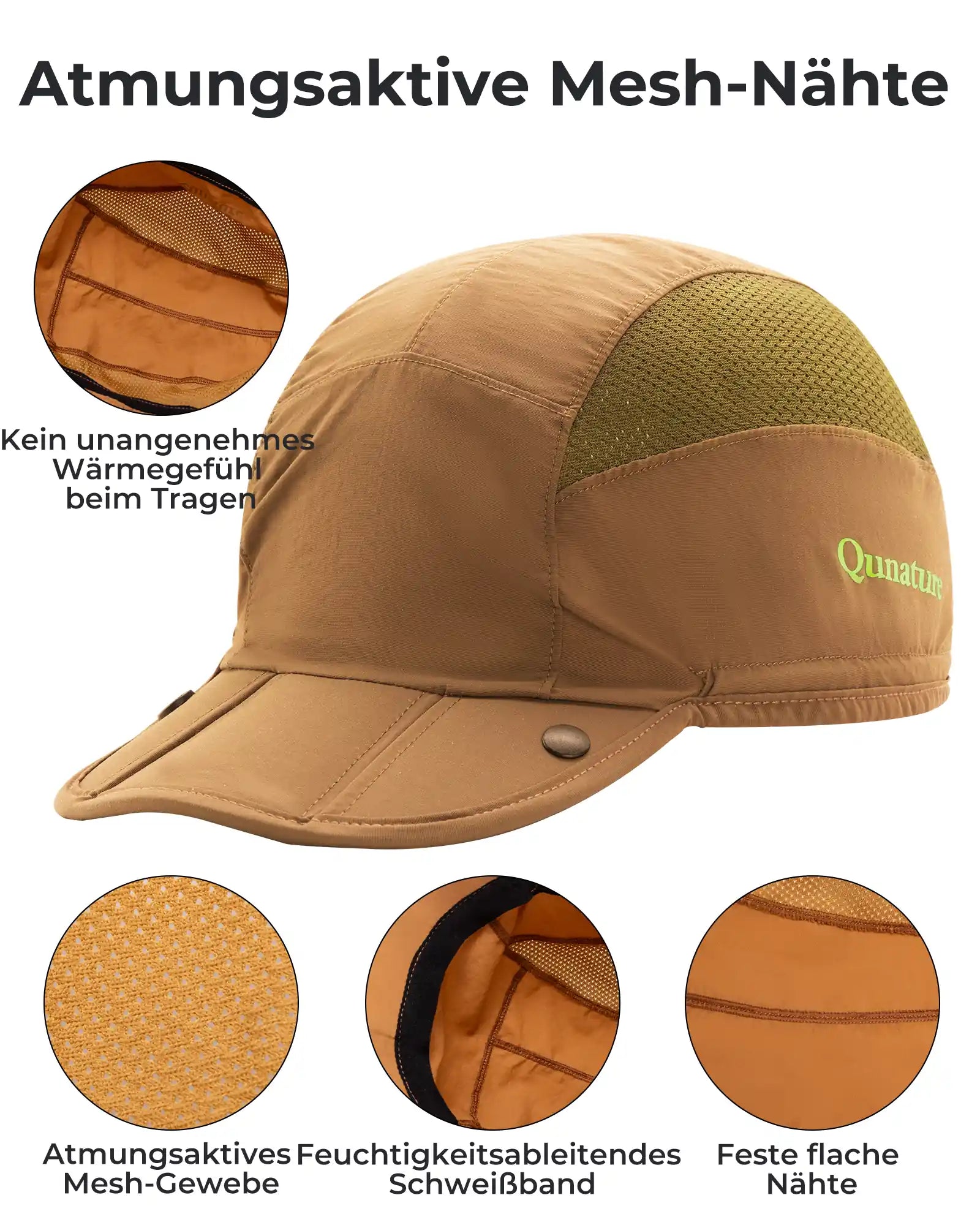 atmungsaktive kappe mit mesh-gewebe, schweißband und flachen nähten im detail