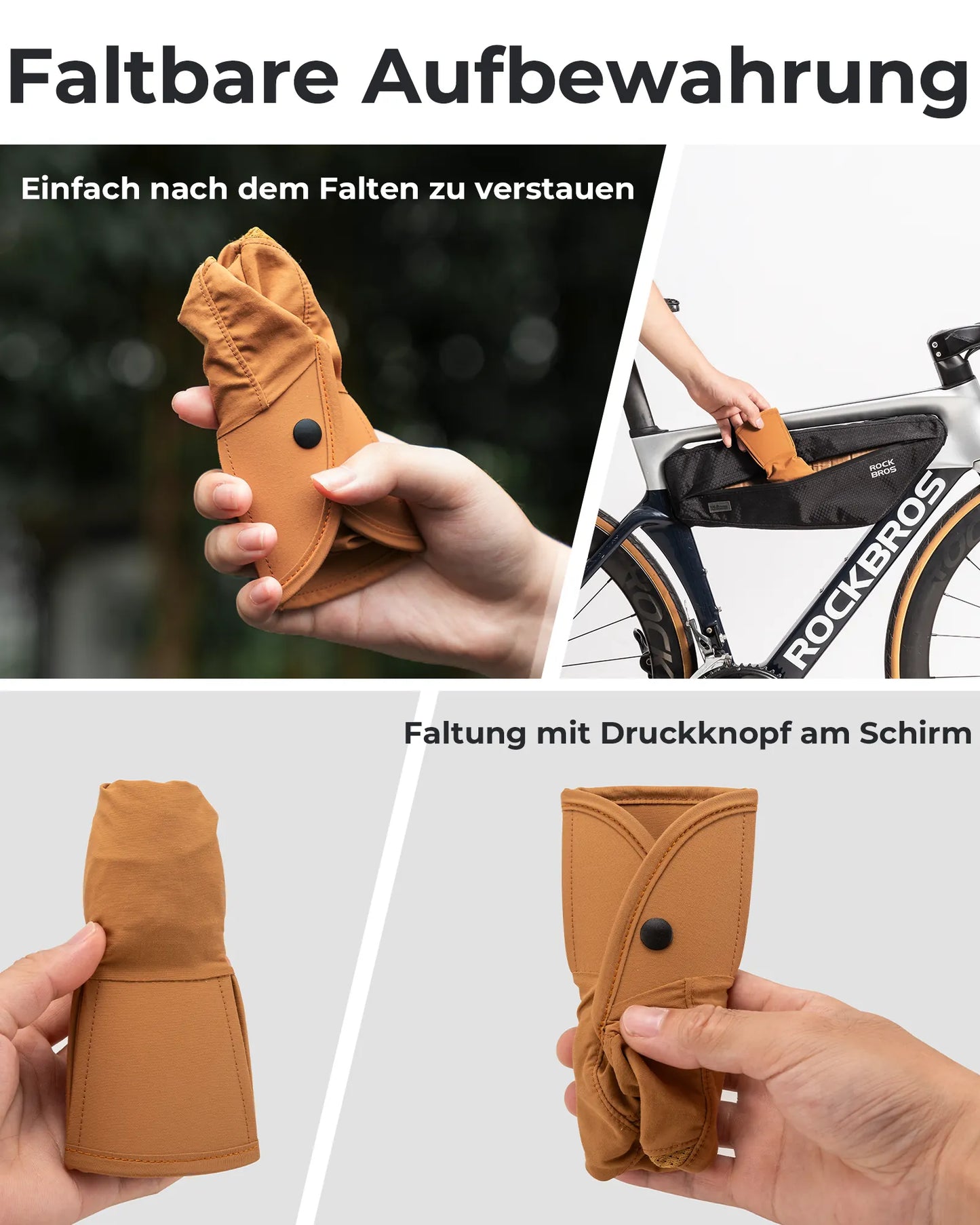 braune kappe wird gefaltet und in einer fahrradtasche verstaut, zeigt die kompakte aufbewahrung mit druckknopf