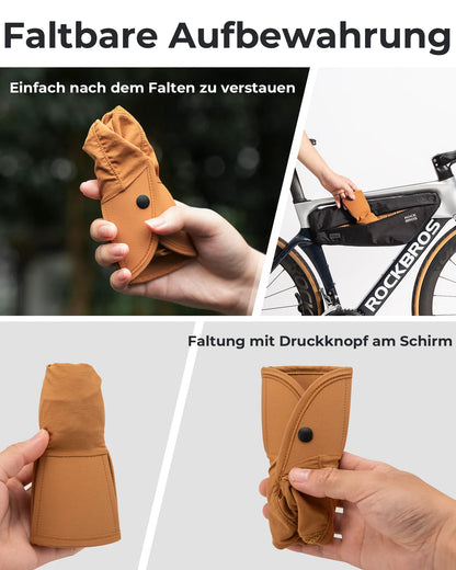 braune kappe wird gefaltet und in einer fahrradtasche verstaut, zeigt die kompakte aufbewahrung mit druckknopf