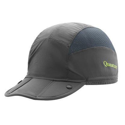 mittelgraue outdoor-kappe mit atmungsaktiver mesh-partie und faltbarem schirm
