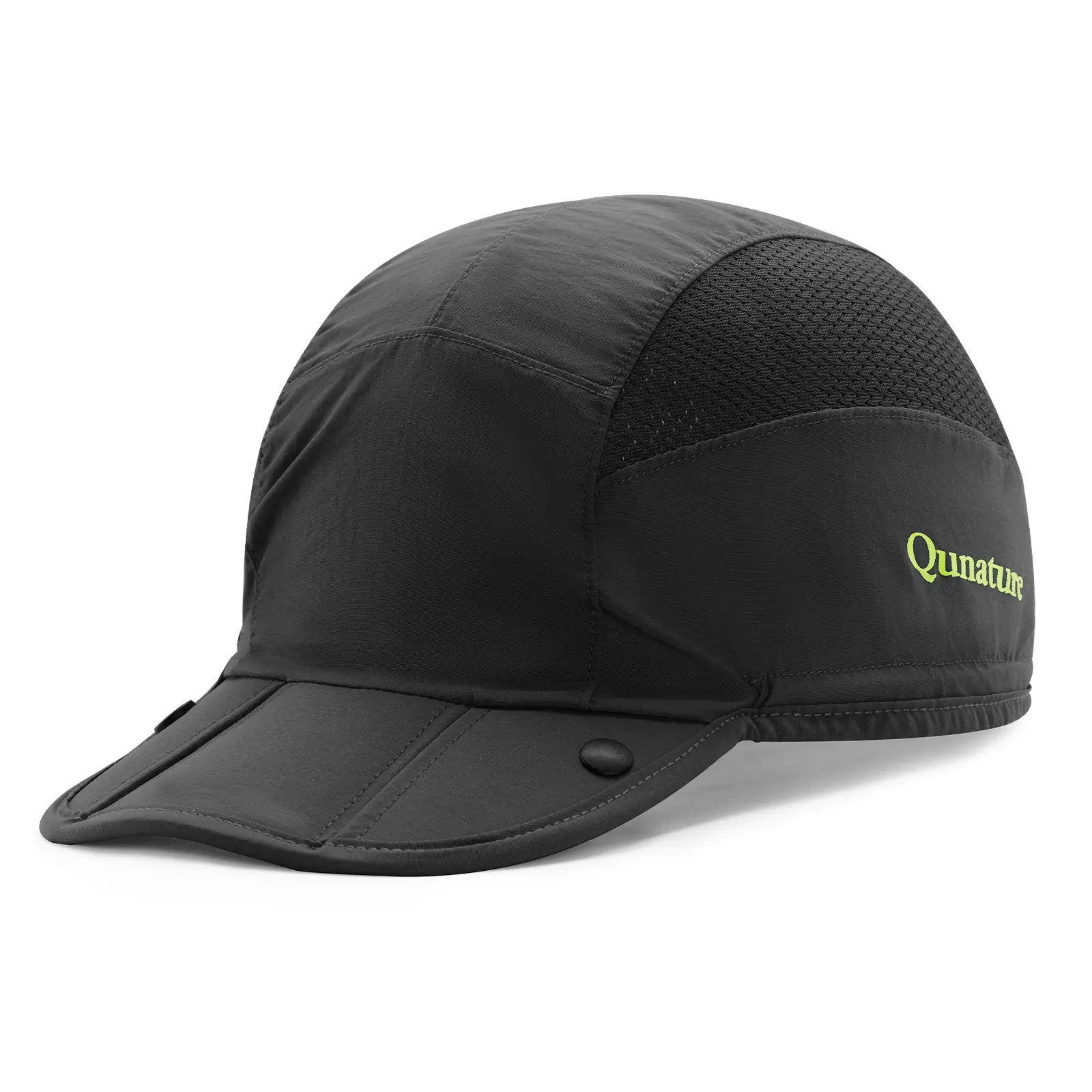 schwarze outdoor-kappe mit atmungsaktiver mesh-partie und faltbarem schirm