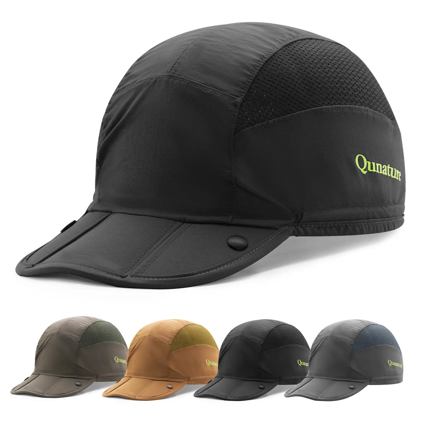schwarze outdoor-kappe mit faltbarem schirm und farbübersicht