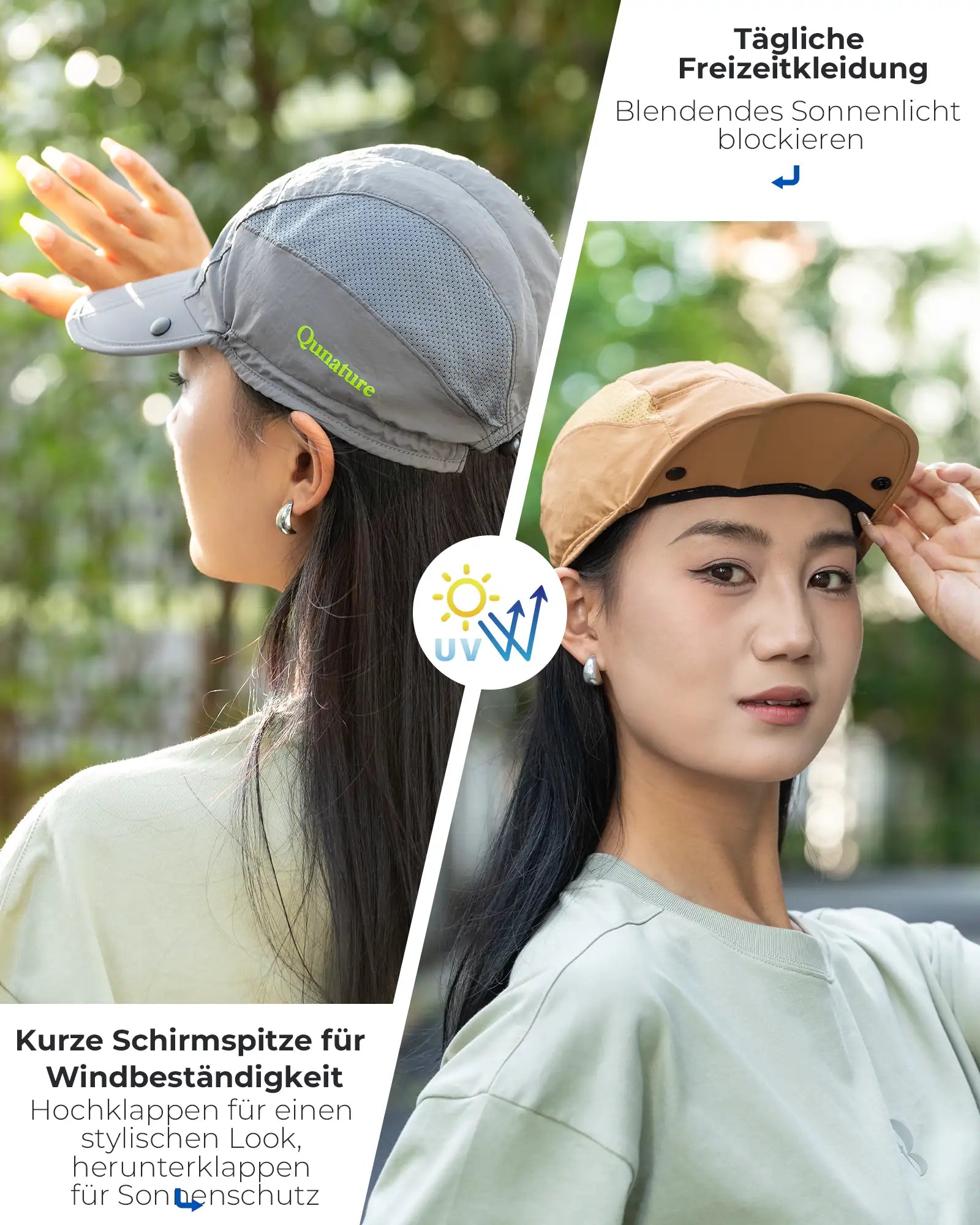 graue und braune kappe mit uv-schutz und windfestem schirm, für täglichen gebrauch und sonnenschutz
