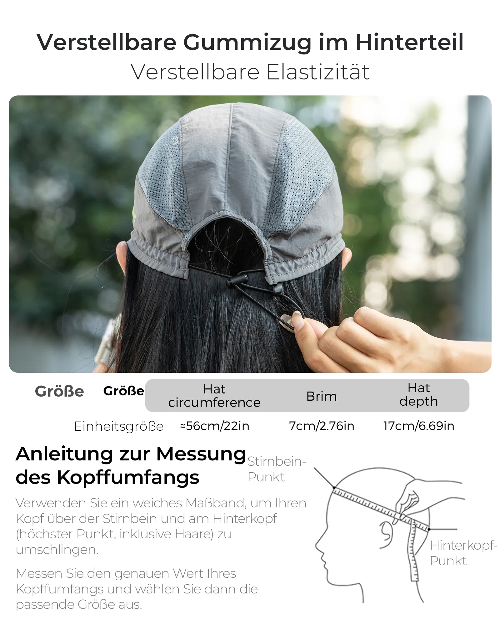 kappe mit verstellbarem gummizug, zeigt größenangaben und kopffumfangsmessung