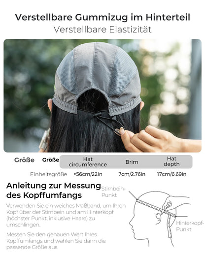 kappe mit verstellbarem gummizug, zeigt größenangaben und kopffumfangsmessung