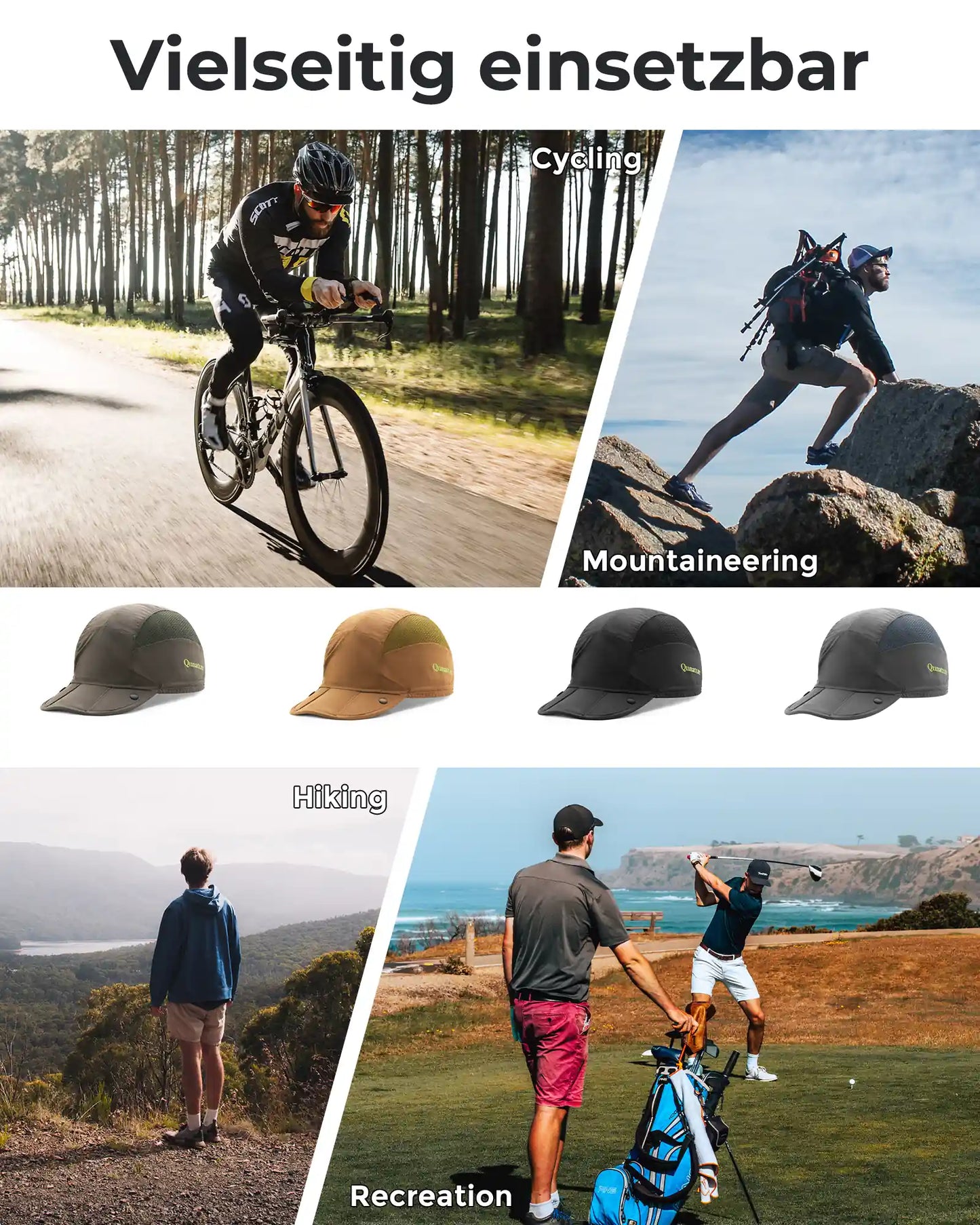 kappe in vier farben, gezeigt bei radfahren, bergsteigen, wandern und golfen