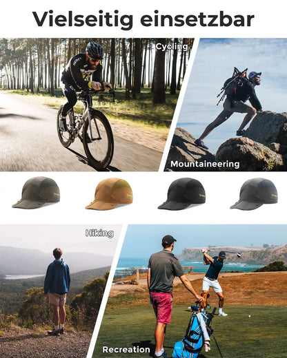 kappe in vier farben, gezeigt bei radfahren, bergsteigen, wandern und golfen