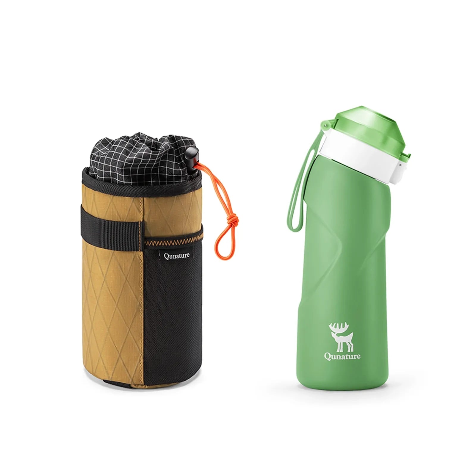 grüne outdoor-trinkflasche mit tragetasche