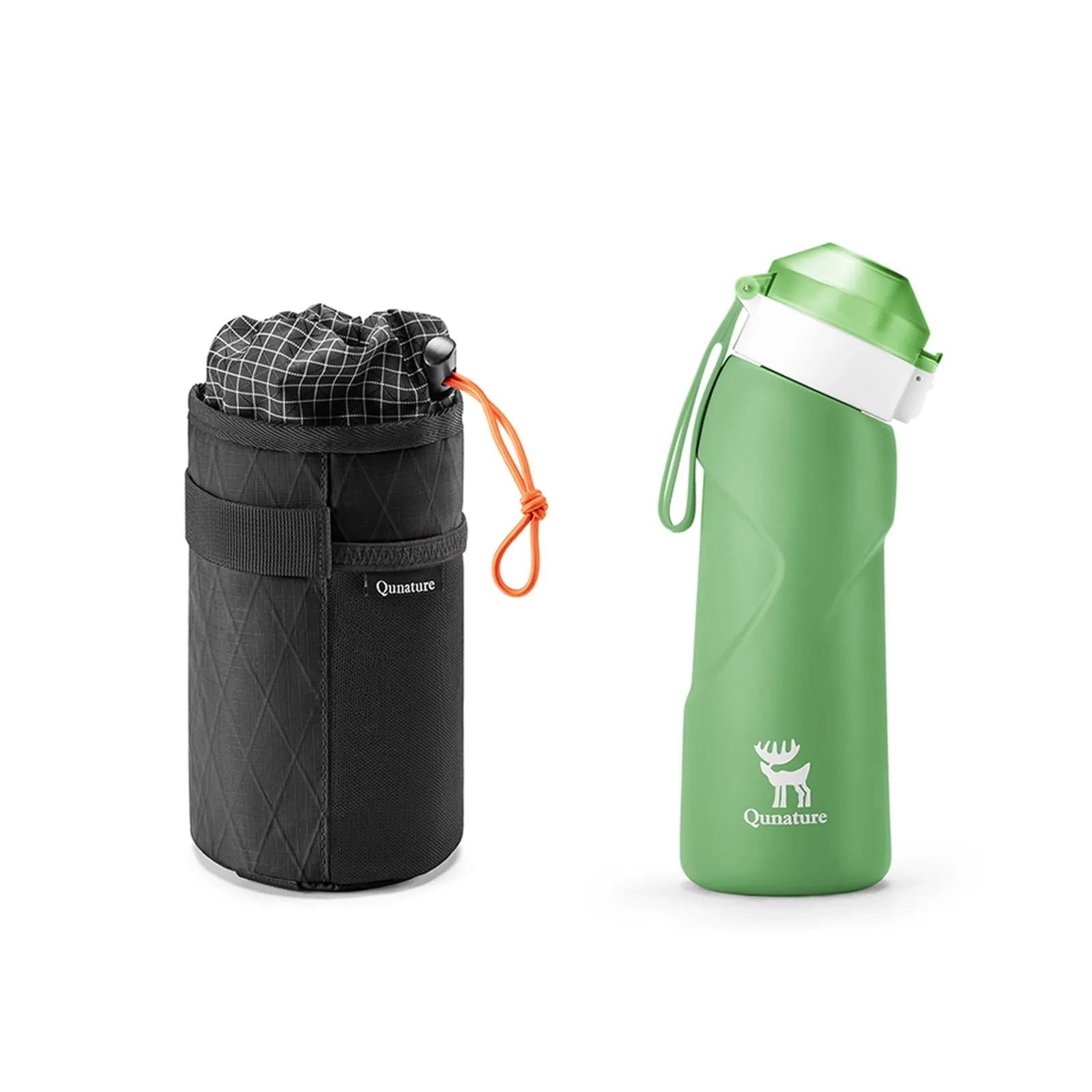 grüne trinkflasche mit schwarzer tragetasche