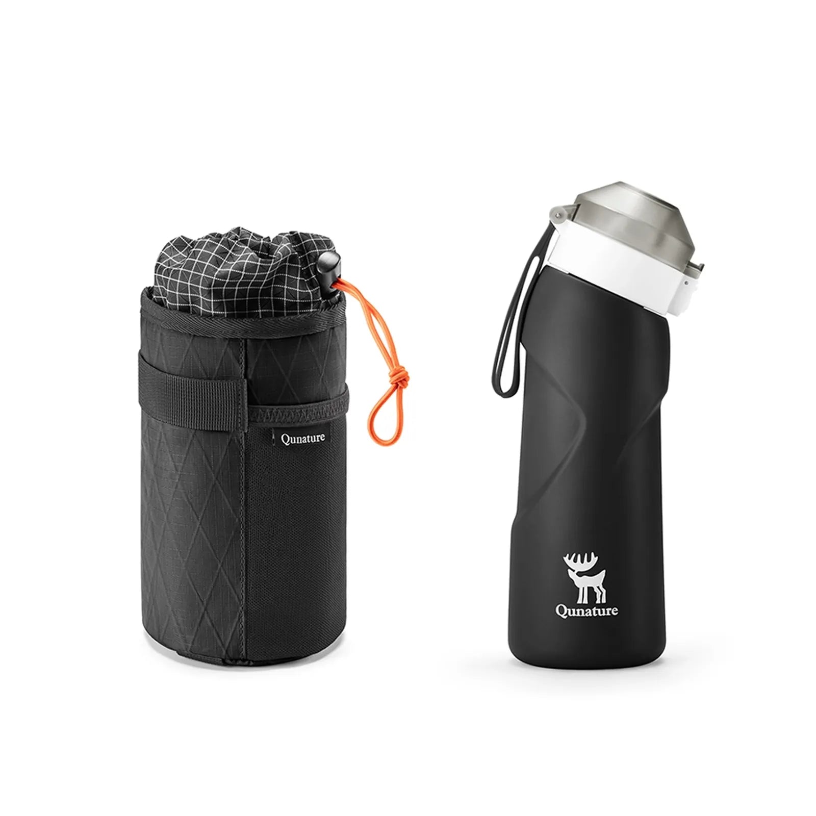 schwarze trinkflasche mit schwarzer tragetasche