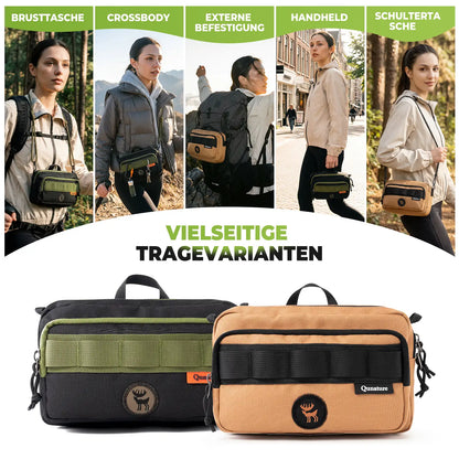 tasche in schwarz und braun, fünf verschiedene tragevarianten dargestellt