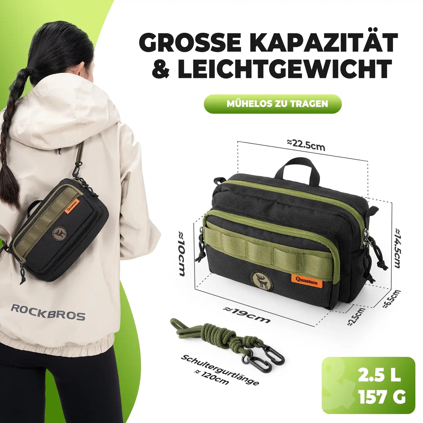 schwarze tasche mit kahki akzenten, mit abmessungen und kapazitätsangaben