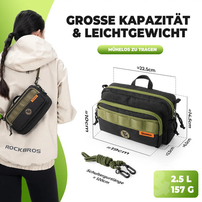 schwarze tasche mit kahki akzenten, mit abmessungen und kapazitätsangaben