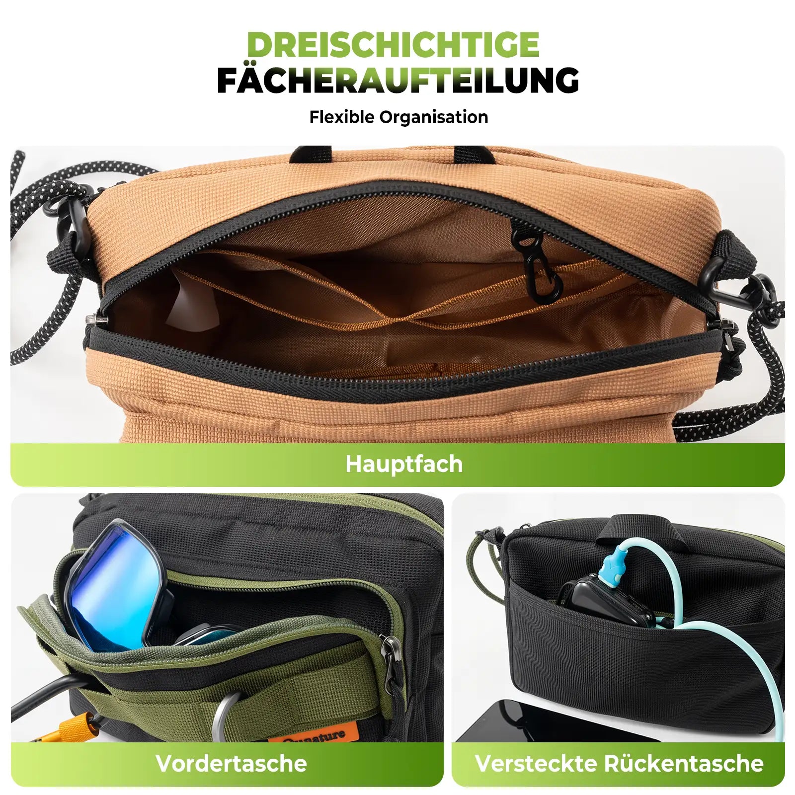 offene tasche mit drei fächern: hauptfach, vordertasche, rückentasche