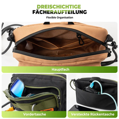 offene tasche mit drei fächern: hauptfach, vordertasche, rückentasche