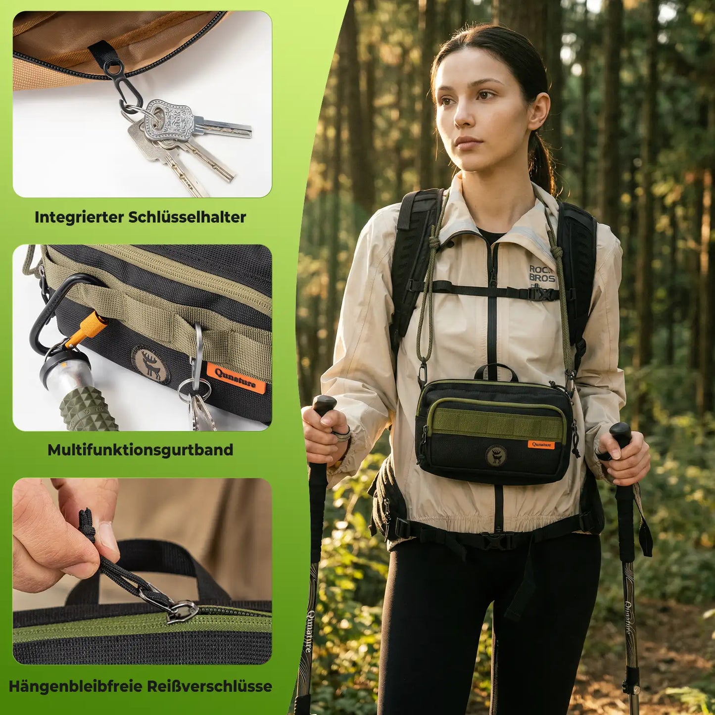 tasche mit integriertem schlüsselhalter, multifunktionsgurtband und reißverschluss