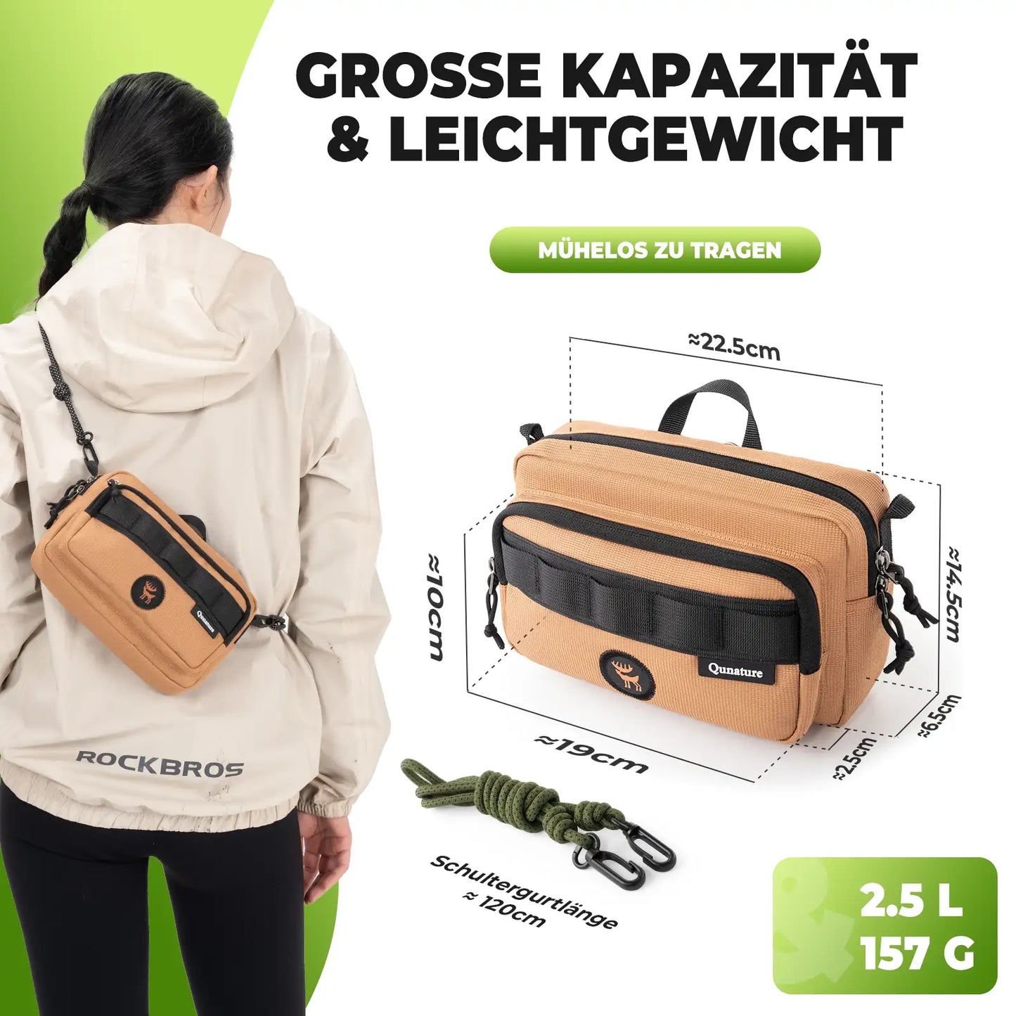 schwarze tasche mit grünen akzenten, mit abmessungen und kapazitätsangaben