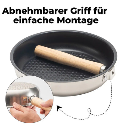 pfanne mit abnehmbarem holzgriff für einfache lagerung