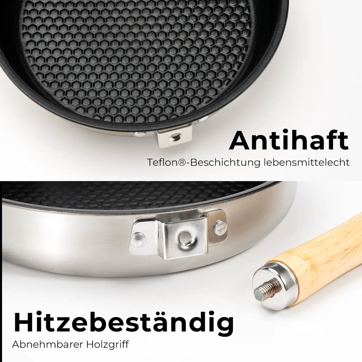 Pfanne und abnehmbarer Griff – Details zur Pfanne und zum abnehmbaren Holzgriff.