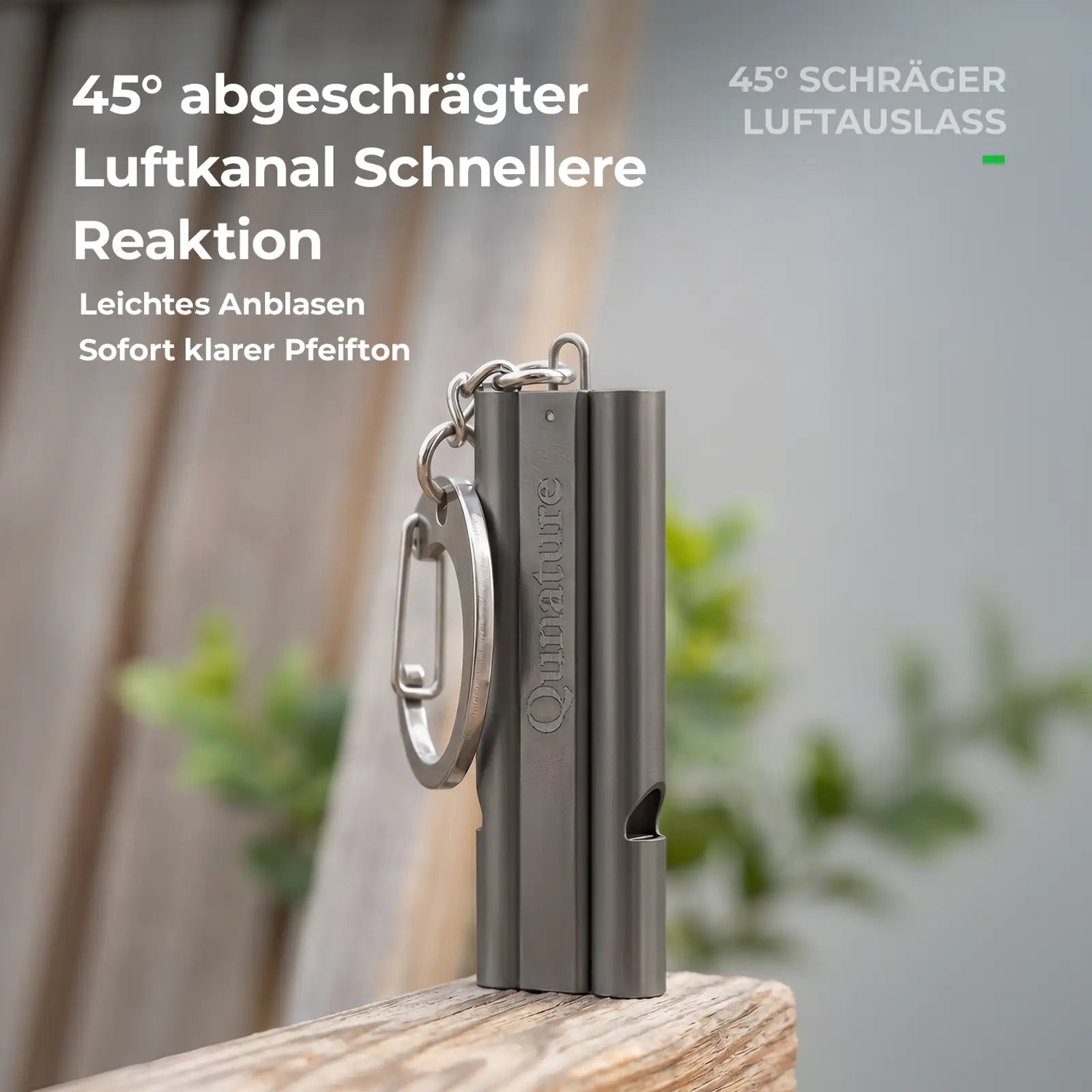 seitenansicht der pfeife mit 45 grad geneigtem luftauslass und kette