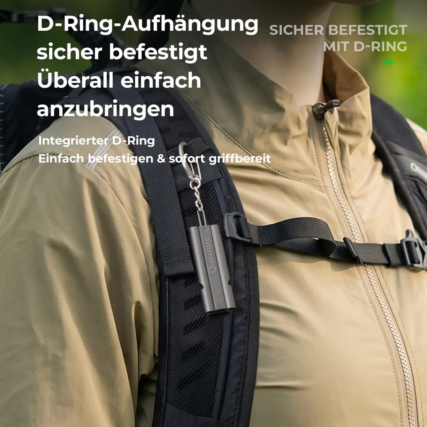 titan rettungspfeife befestigt mit d-ring an rucksackgurt