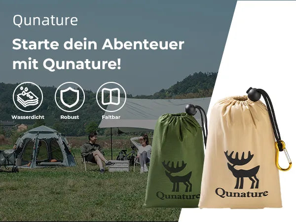camping szene mit zelt und unterlage, zwei aufbewahrungsbeutel in grün und beige