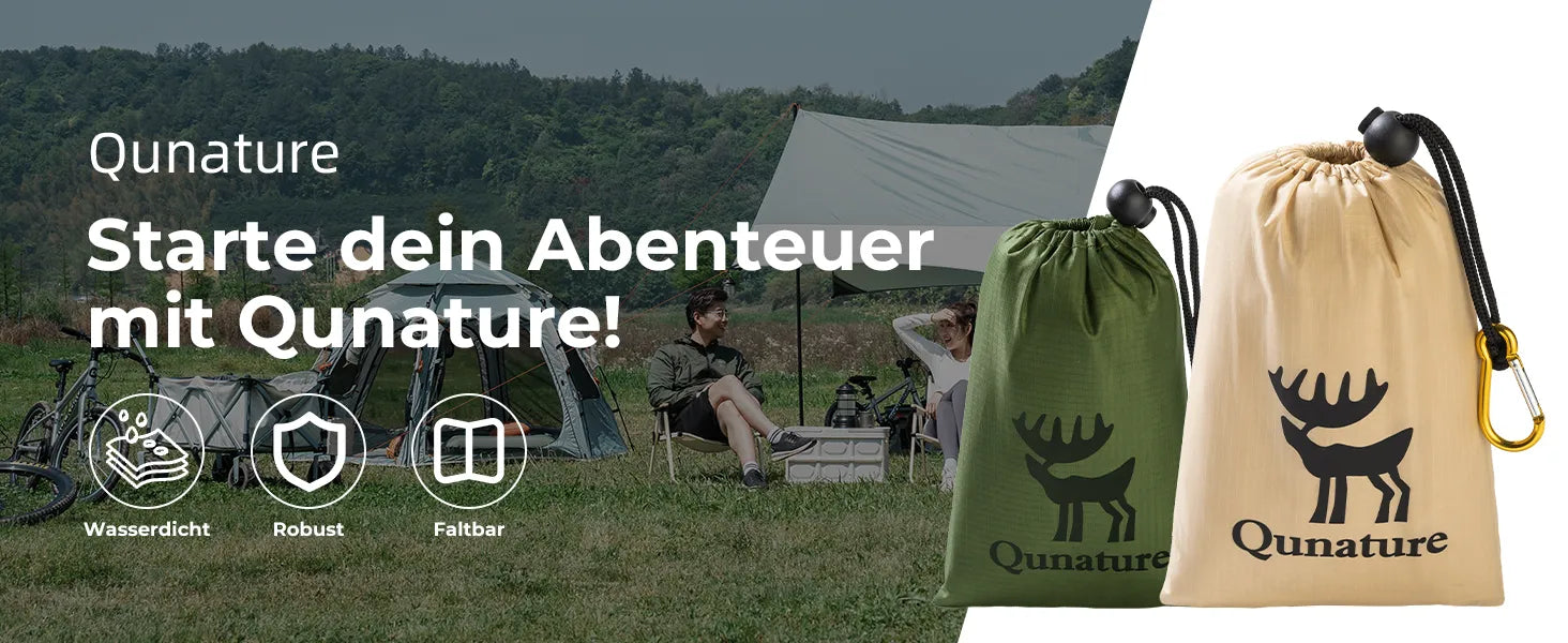 camping szene mit zelt und unterlage, zwei aufbewahrungsbeutel in grün und beige
