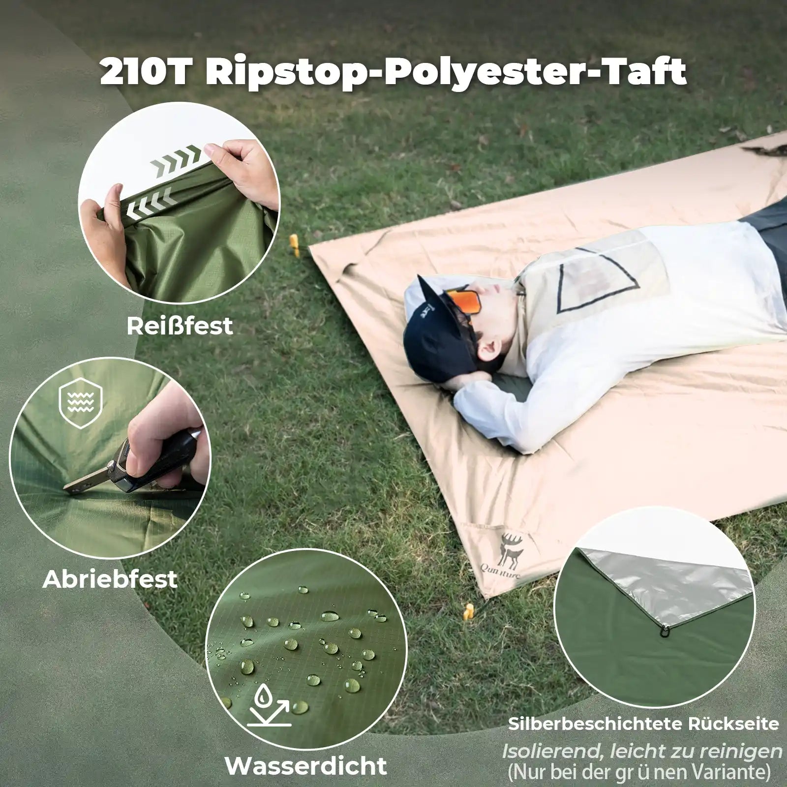 qunature grüne picknickmatte aus 210t ripstop polyester mit silberrückseite