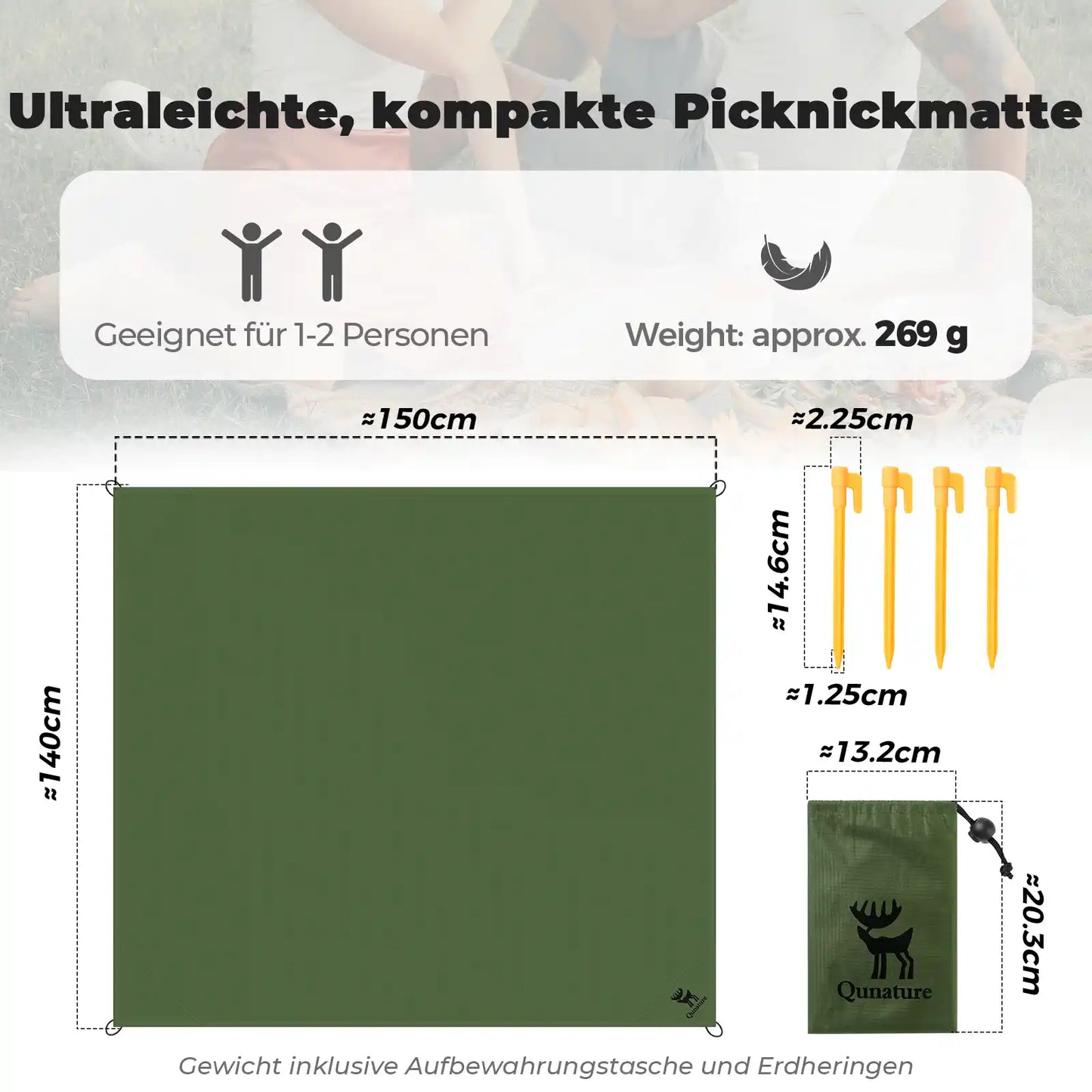 qunature grüne picknickmatte technische daten mit 269g und maßen