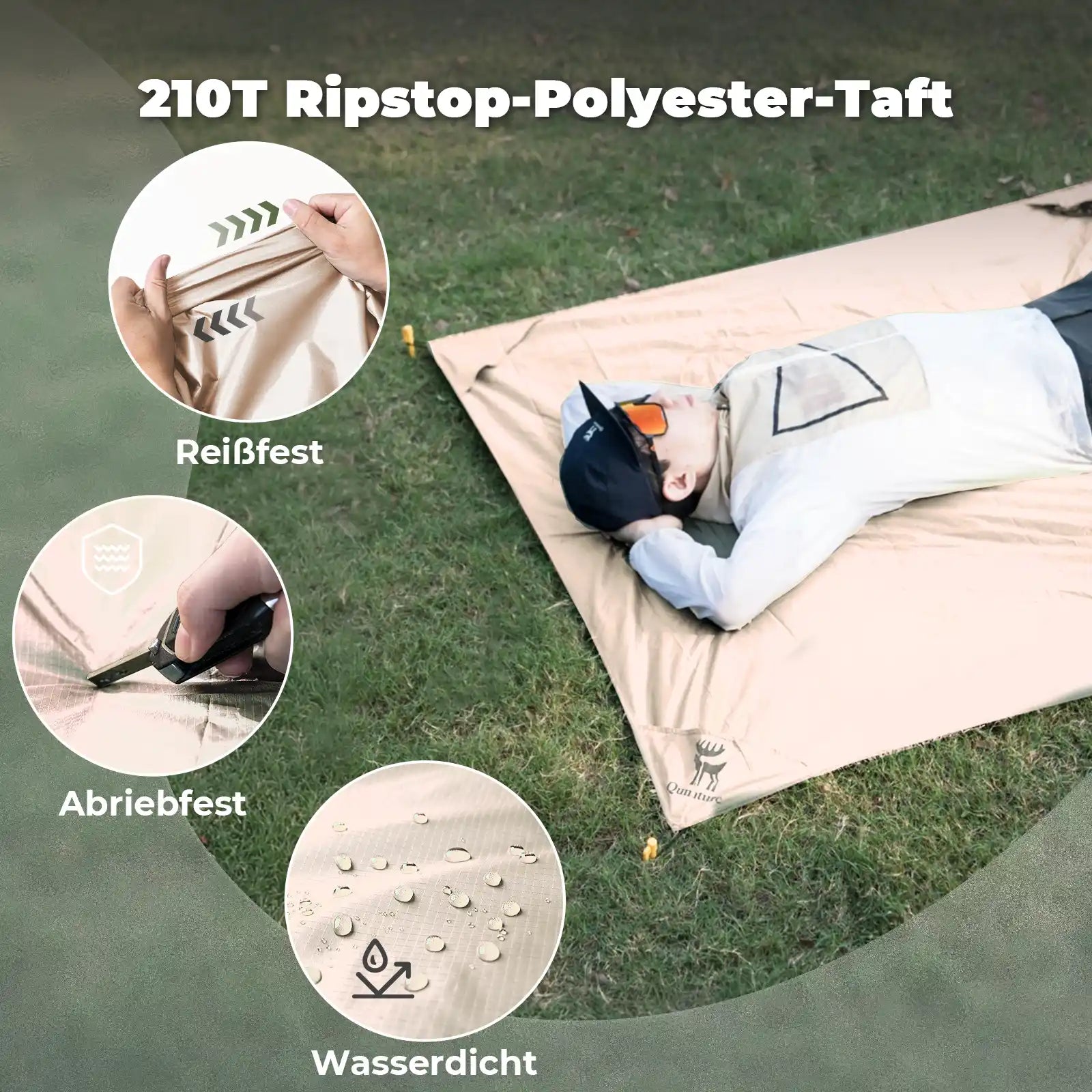 qunature khaki picknickmatte aus 210t ripstop polyester, wasserdicht und reißfest