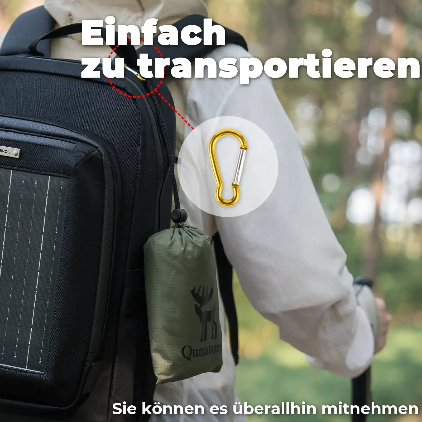 qunature picknickmatte mit karabiner zum befestigen am rucksack, leicht und kompakt