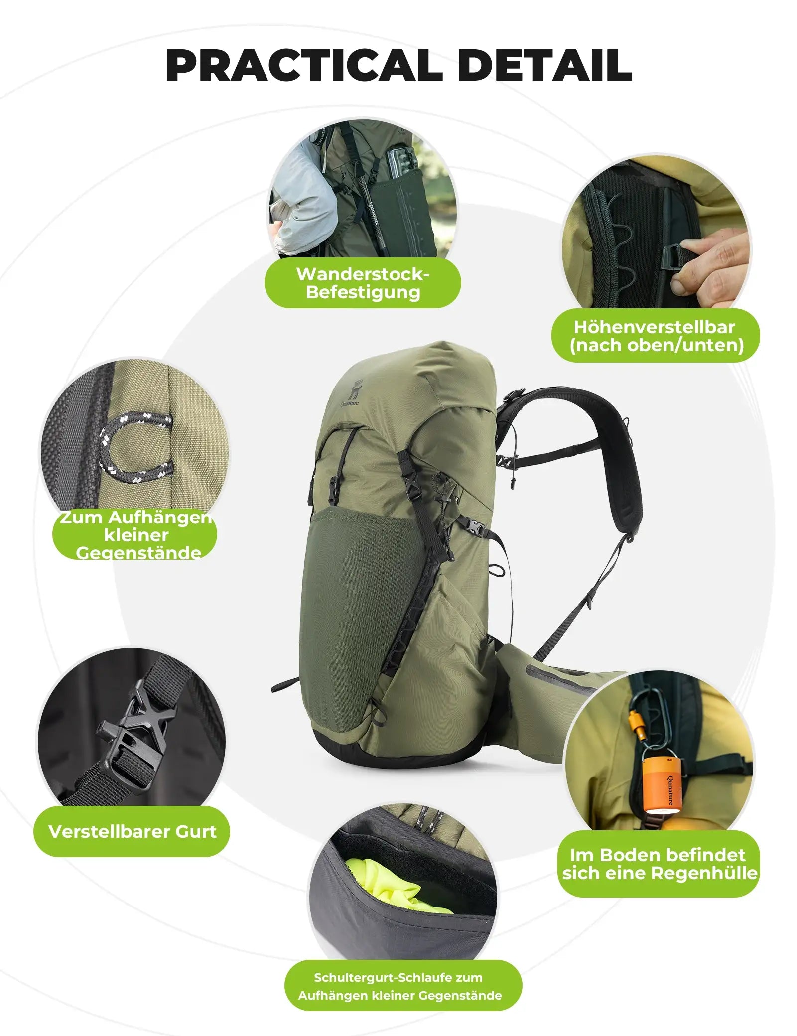 wanderrucksack mit practical details und wanderstock befestigung