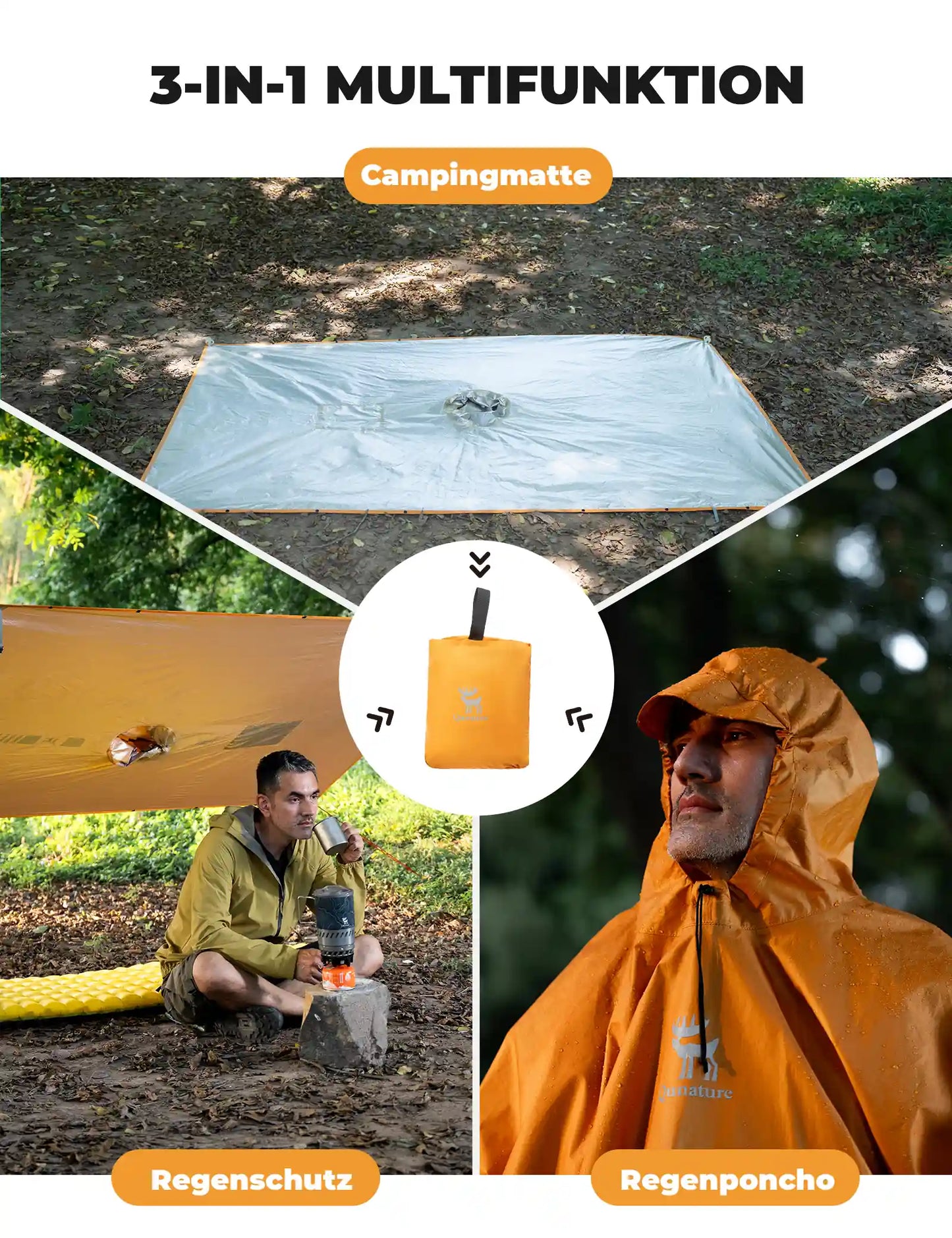 3-in-1 regenponcho als poncho, tarp und sitzmatte im einsatz