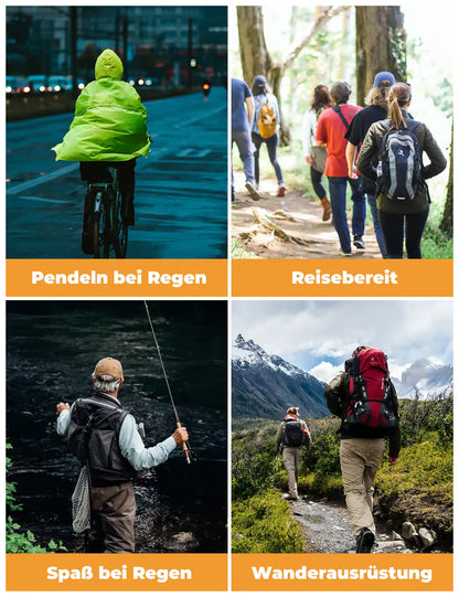 regenponcho im einsatz bei fahrradfahren, wandern und angeln