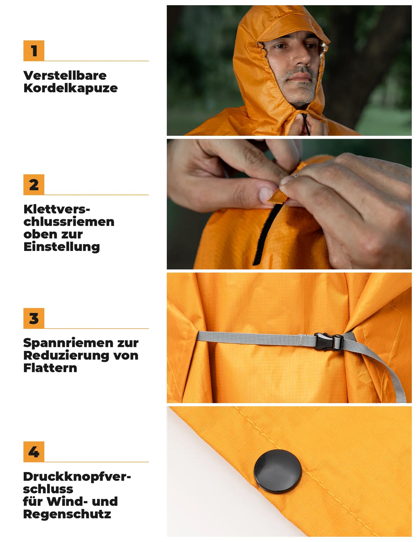 regenponcho mit verstellbarer kapuze, klettverschluss und druckknöpfen