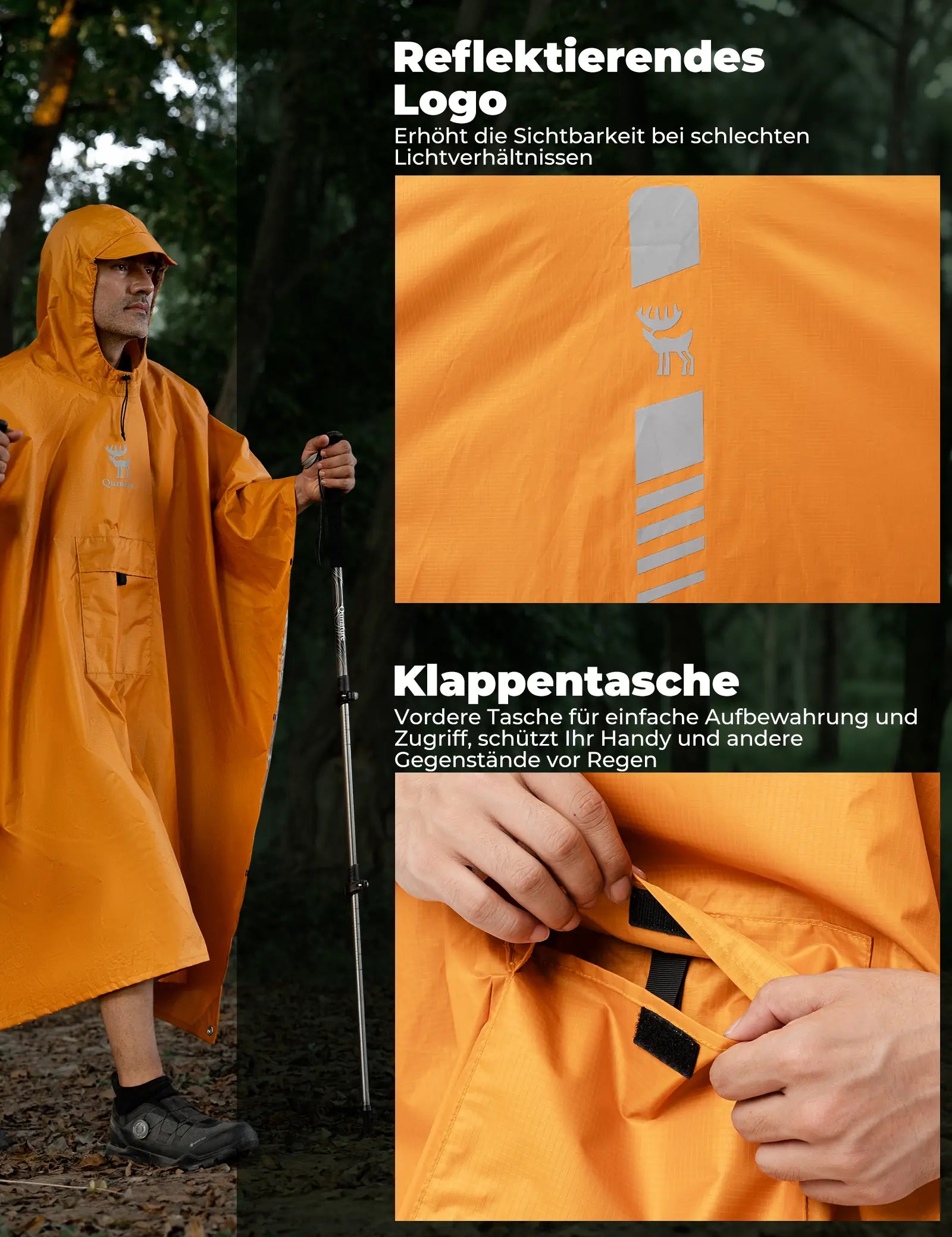 orange regenponcho mit reflektierendem logo und vordertasche
