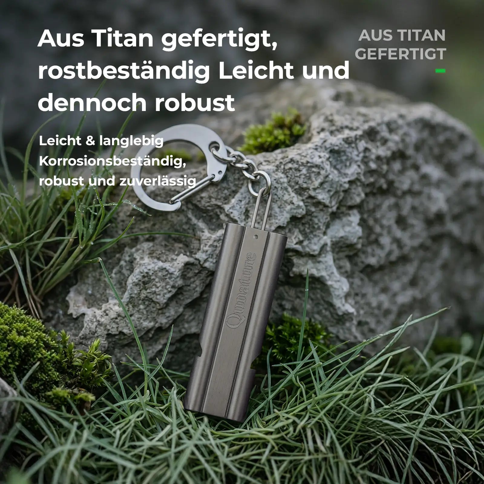 rostfreie titan pfeife liegt auf bemoosten steinen im naturgelände