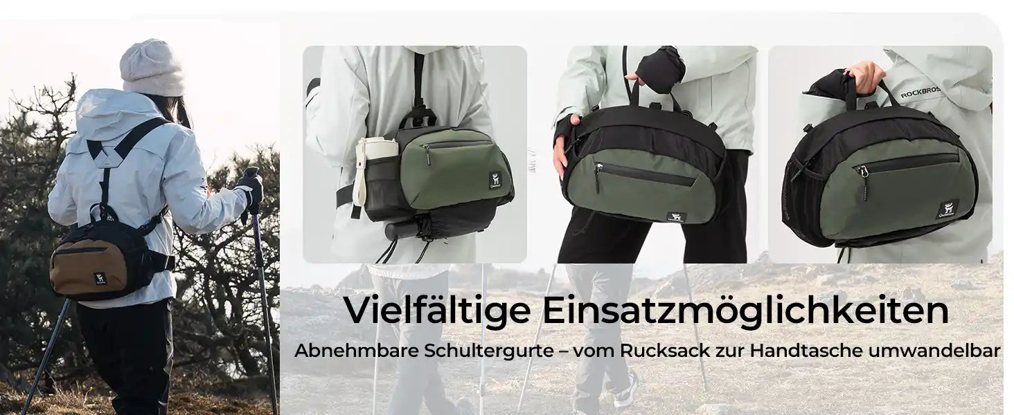 multifunktionsrucksack mit abnehmbaren gurten, verschiedene tragevarianten beim wandern