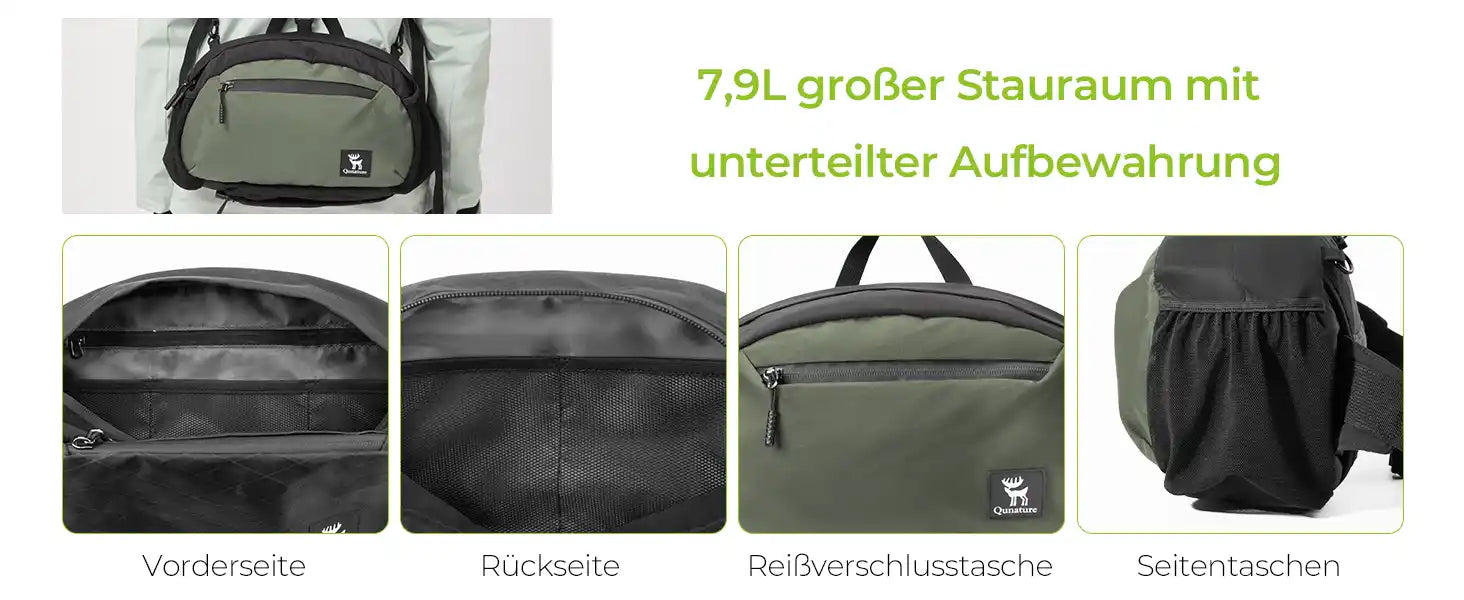 grüner rucksack mit 7,9l stauraum, aufteilung und funktionsuebersicht
