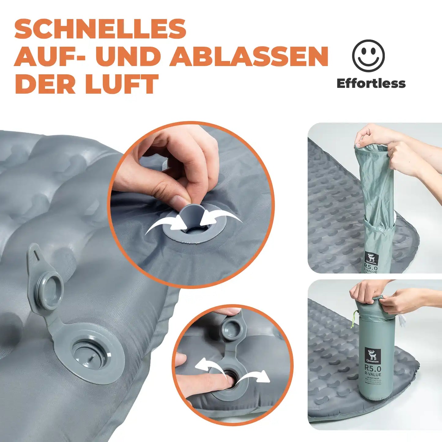 graue schlafmatte mit doppelventil für schnelles auf- und abblasen