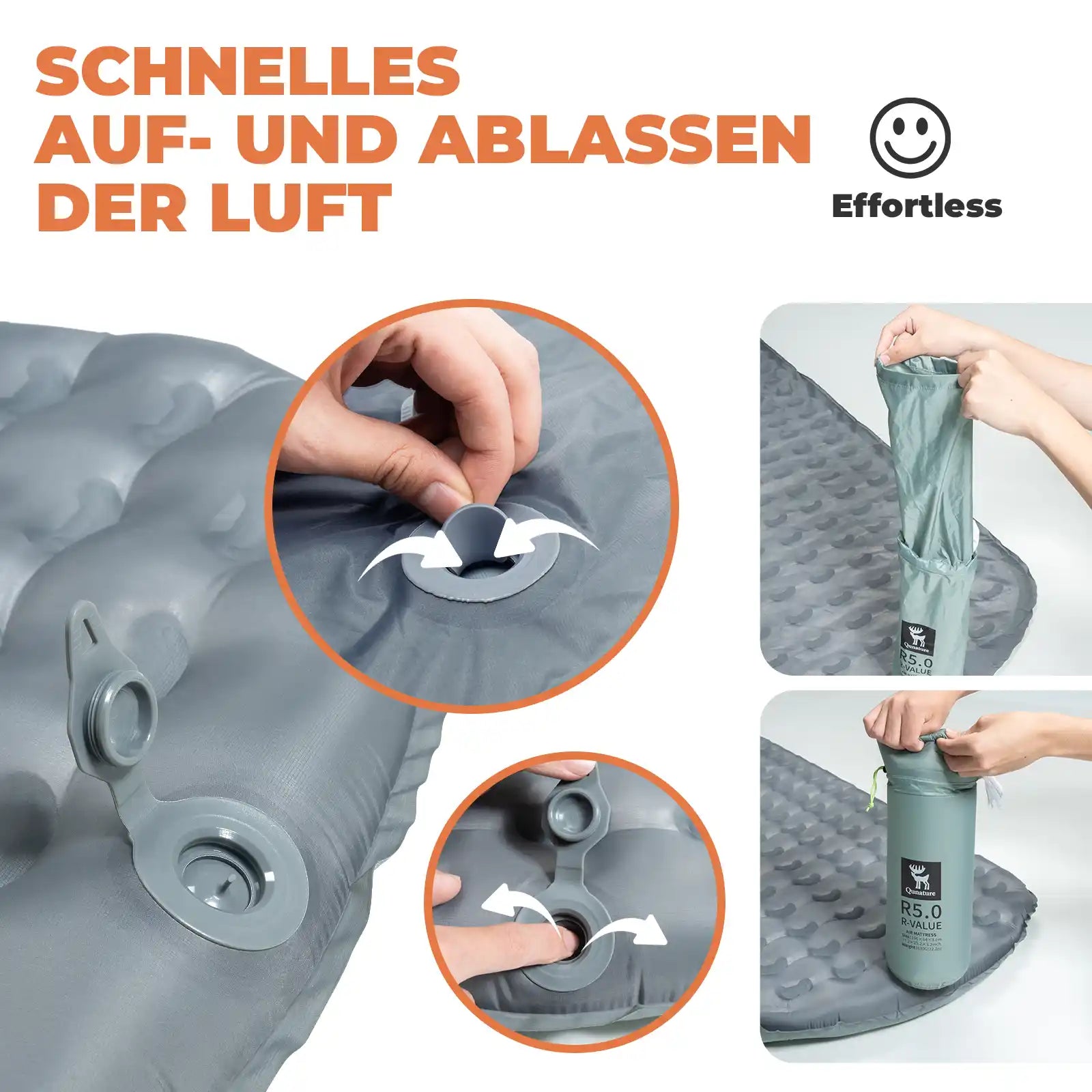 graue schlafmatte mit doppelventil für schnelles auf- und abblasen